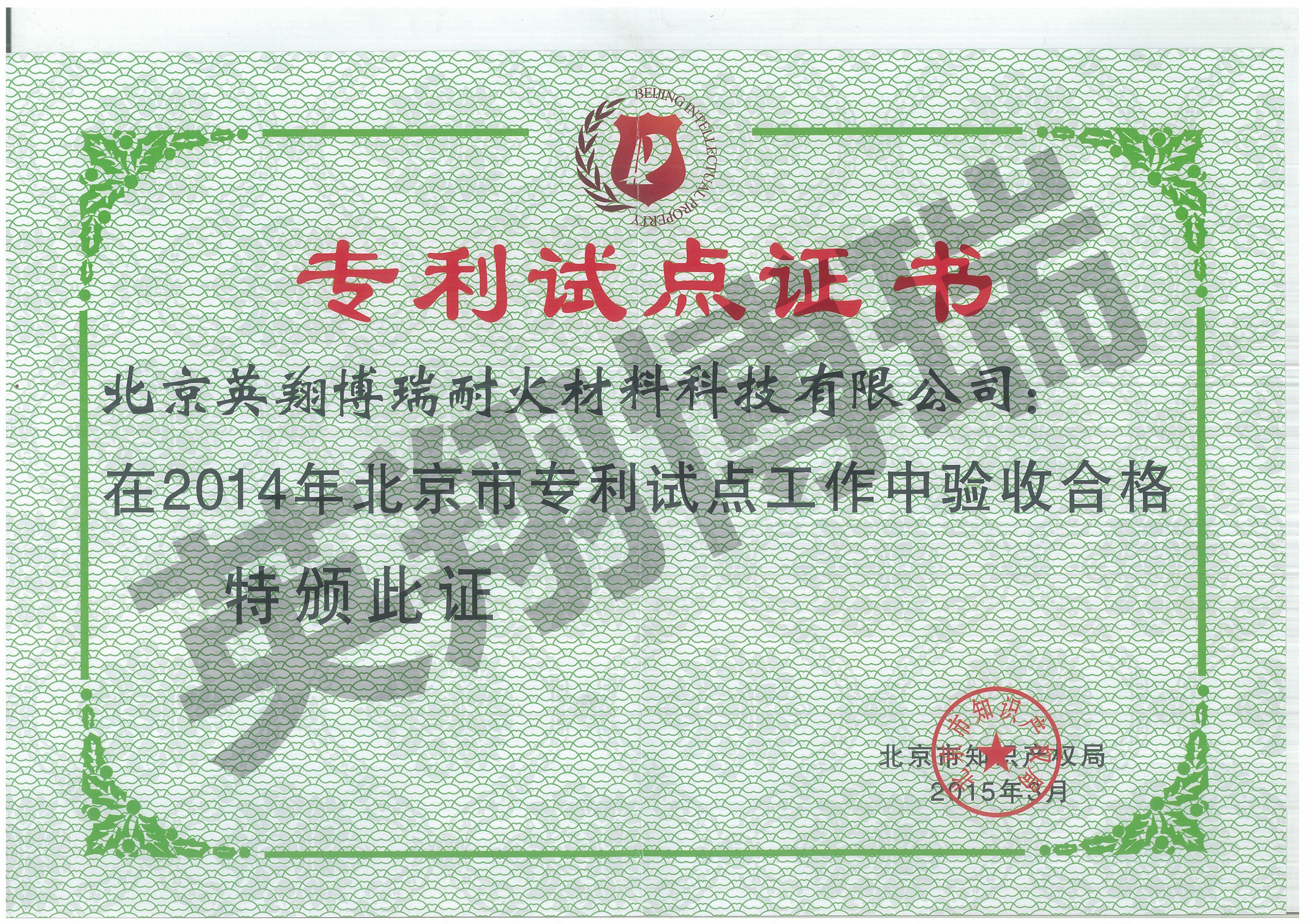 專(zhuān)利試點(diǎn)證書(shū)